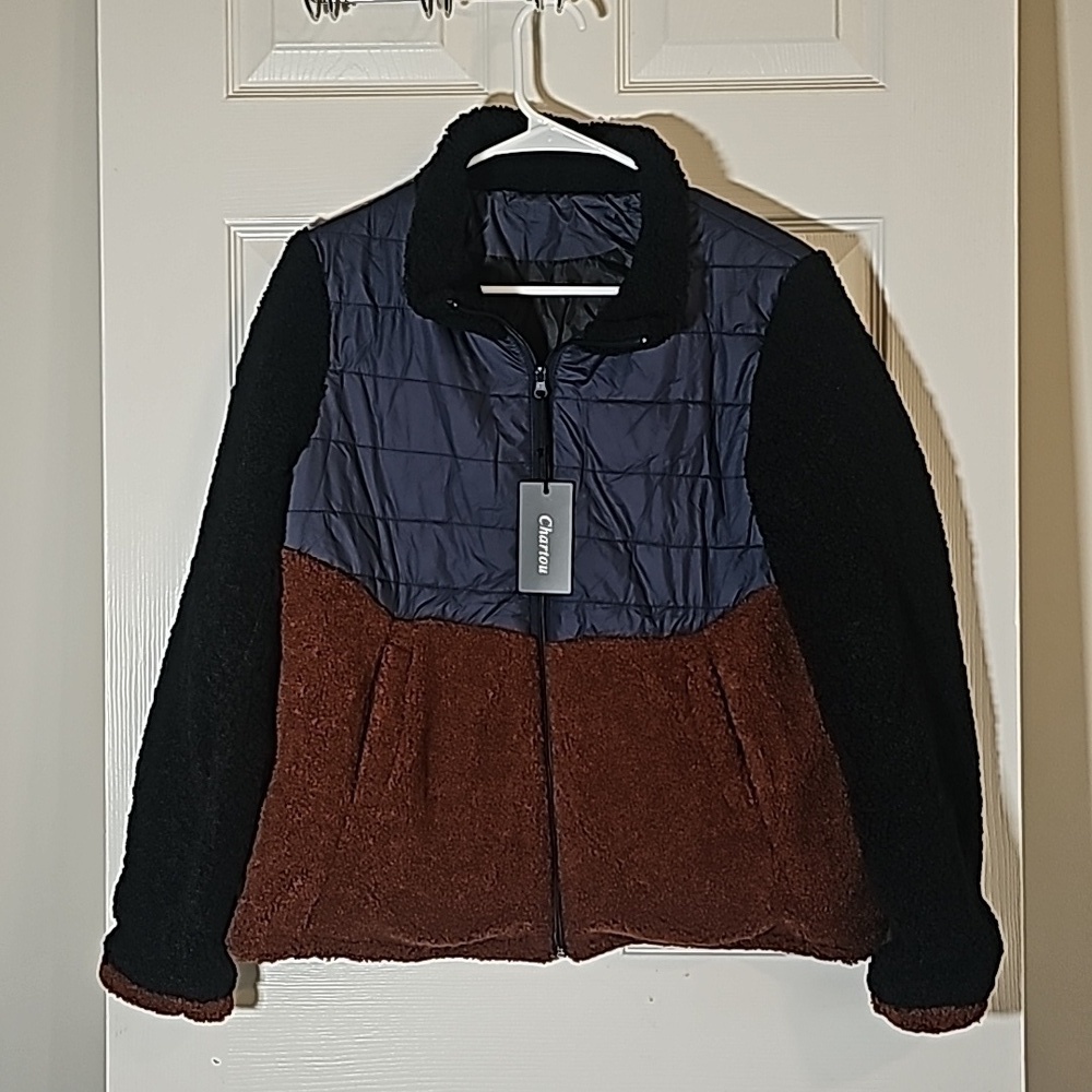 Chartou Patchwork Contrast Puffer Jacket Blue Rust Black Size M New